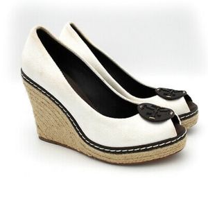 Tory Burch Cerise Peep Toe Fabric Canvas Espadrilles Wedges